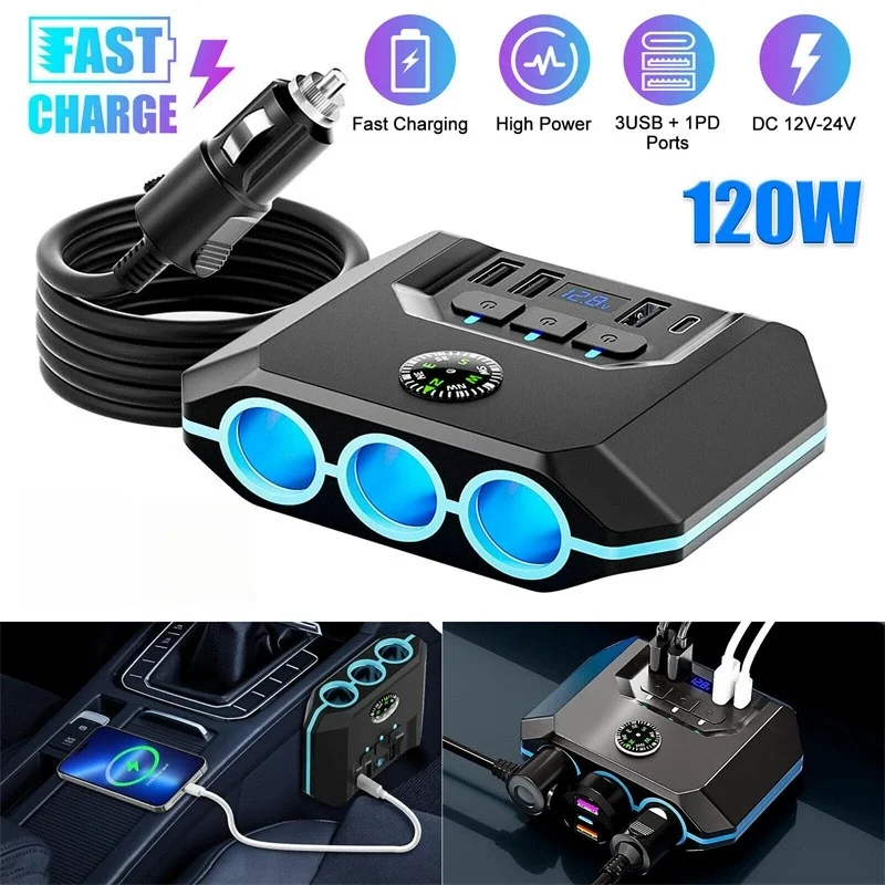 

120W Car Cigarette Lighter Charger Splitter Adapter PD30W QC3.0 Multi Ports Quick Phone Charge USB Charging Socket With Switch