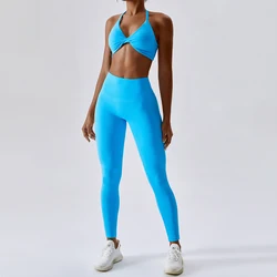 Fato de treino sem costura para mulheres Workout Sportswear, roupas de ginástica, cordão, leggings de cintura alta, roupas esportivas fitness, 2pcs