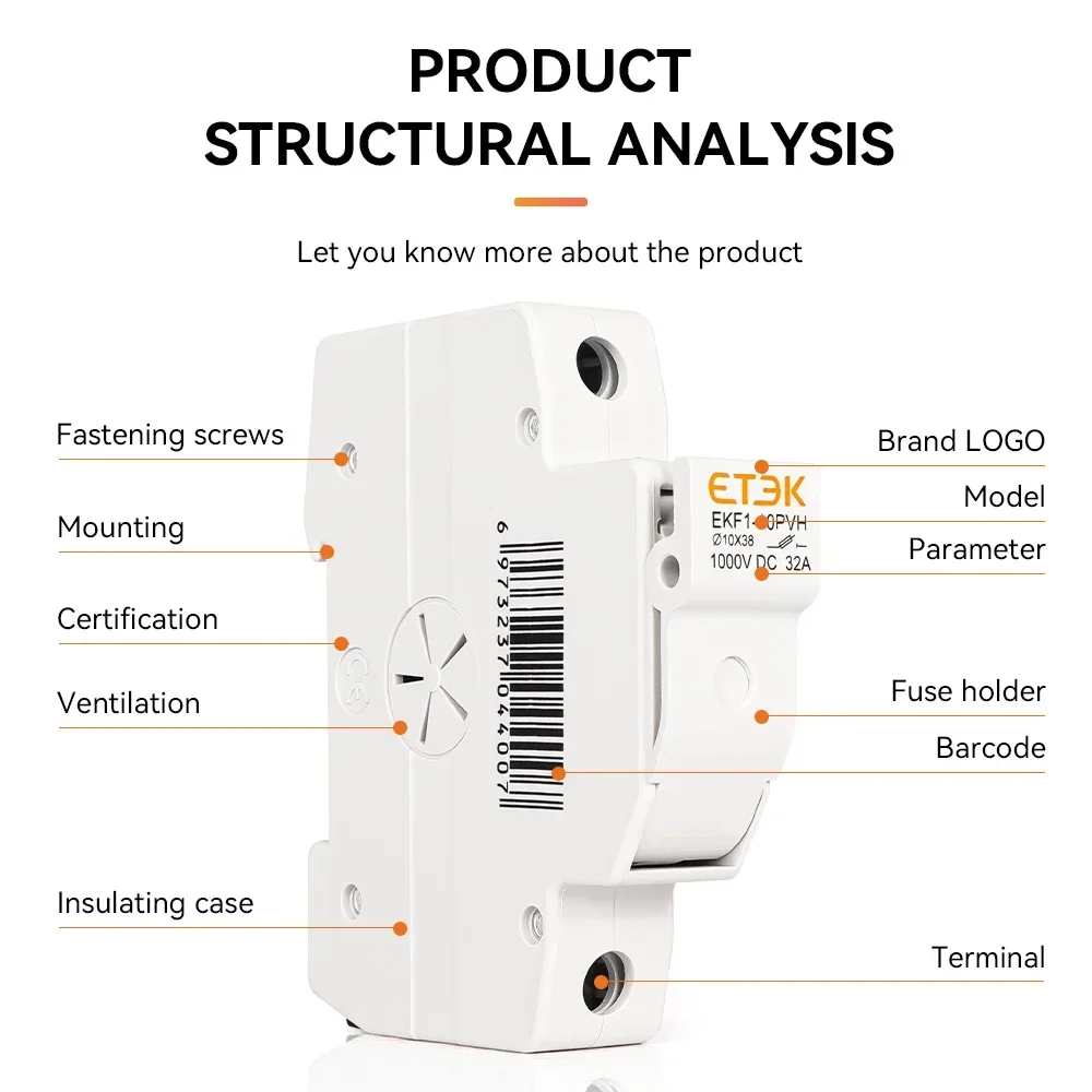 ETEK DC Solar Fuse Holder 1000V 1P 15A 20A 25A Photovoltaic Fuse Base Link PV System GPV 10x38mm DIN Rail EKF1-10PVH