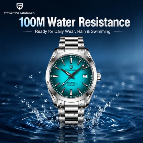 Pagani Design Men Automatic Watch Turquoise Dial Stainless Steel Band Japan Movement 100M Waterproof Luxury Casual Business Wristwatch With Date Display Sapphire Glass Luminous Hands For Men
