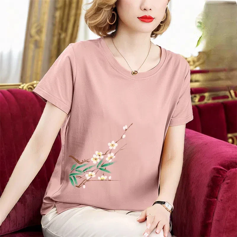 

2024 Women's Clothing Summer O-Neck Short Sleeve Pullovers Fashionable Printed Embroidery Elegant Chinese Style Middle Age Tops