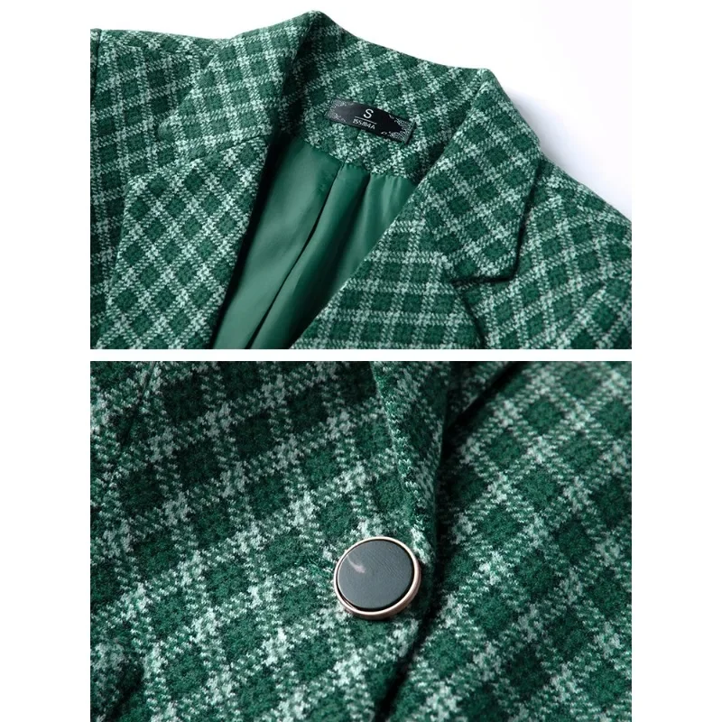 Blazer xadrez com bolso para mulheres, jaqueta casual para senhoras, manga longa, botão único, verde e cinza, casaco outono e inverno