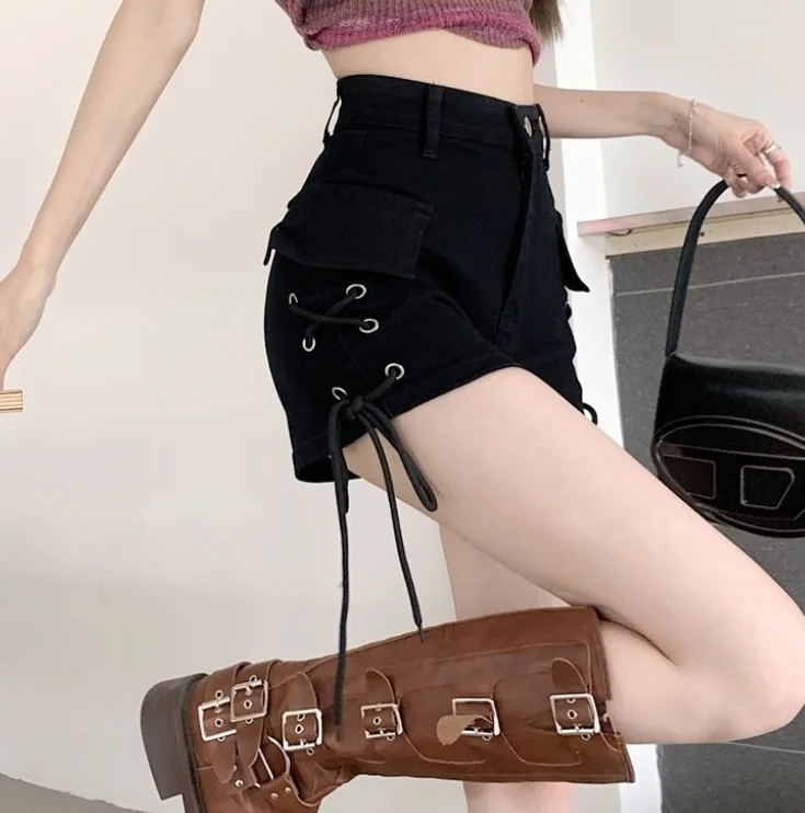 Retro high-waisted slim black cargo jeans women's summer hottie design sense drawstring hot pants super shorts trendy