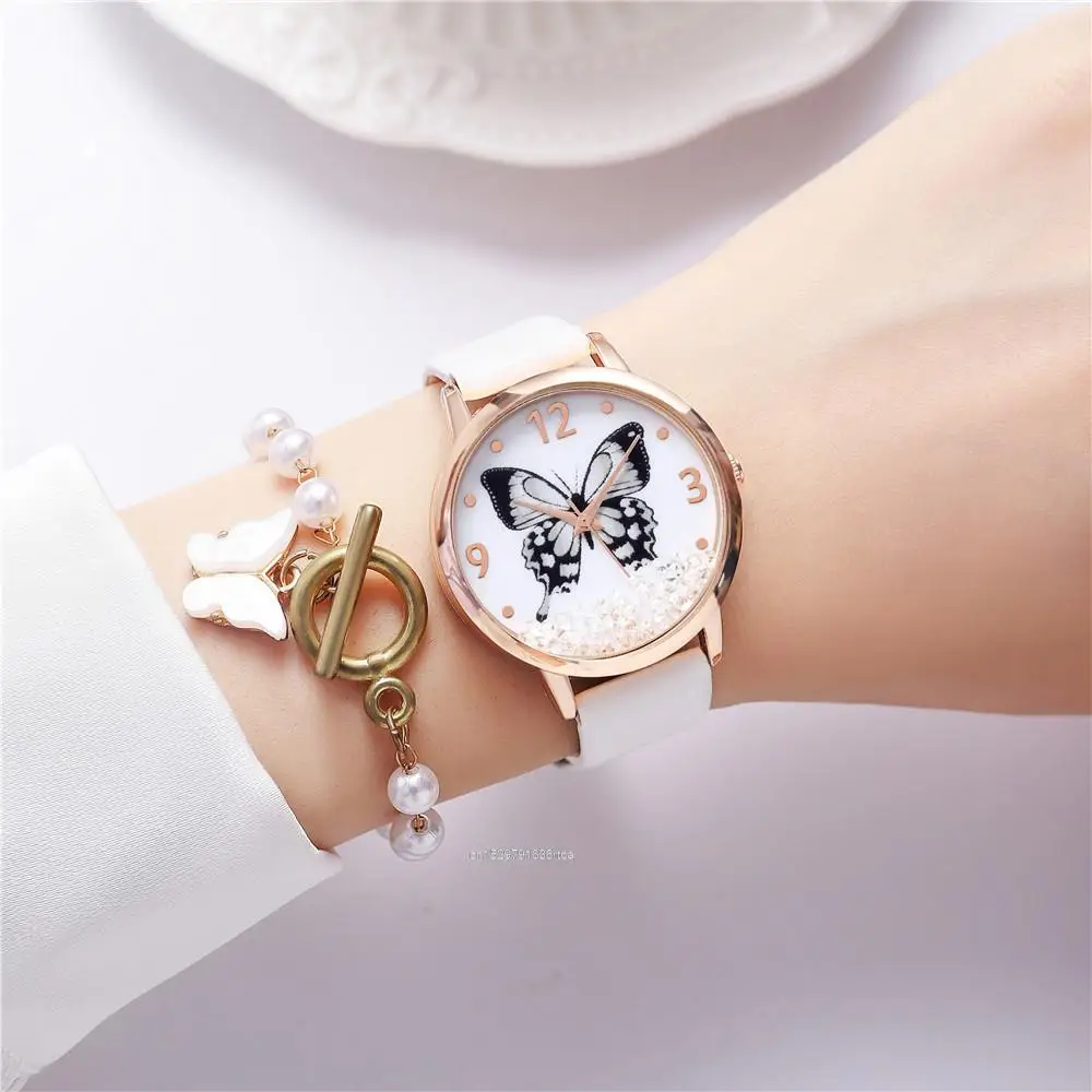 Luxury 2022 Lady Brands Watches Fashion Crystal Blue Butterfly Women Quartz Watch Leisure Leather Strap Female Clock Gifts