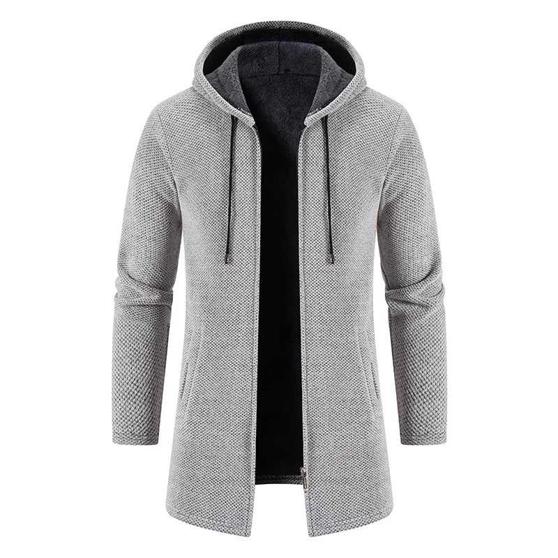 

2025Men Winter Long Trench Coat Knit Sweater Jacket Fleece Wind Breaker Navy Turn-down Hoodies Zipper Cardigan Male Overcoat