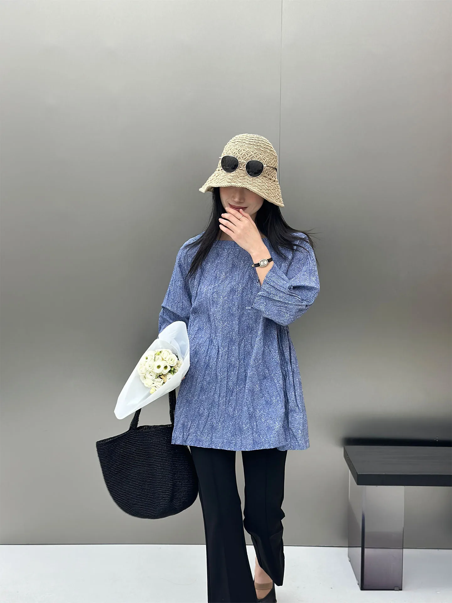 

Jin High-Yield Cotton Floral Print Country Style Shirt Dress Medium-Length Button-Up Long Sleeve Loose Fit Women's Blouse