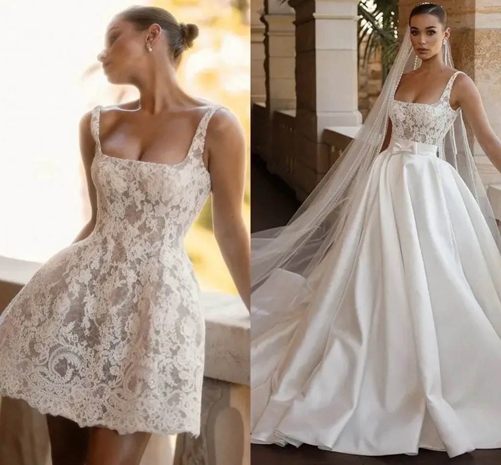 

2025 New A-line 2 in 1 Wedding Dress Straps Squre Neck Short Lace Satin Church Bridal Bride Gowns Vestidos De Noiva
