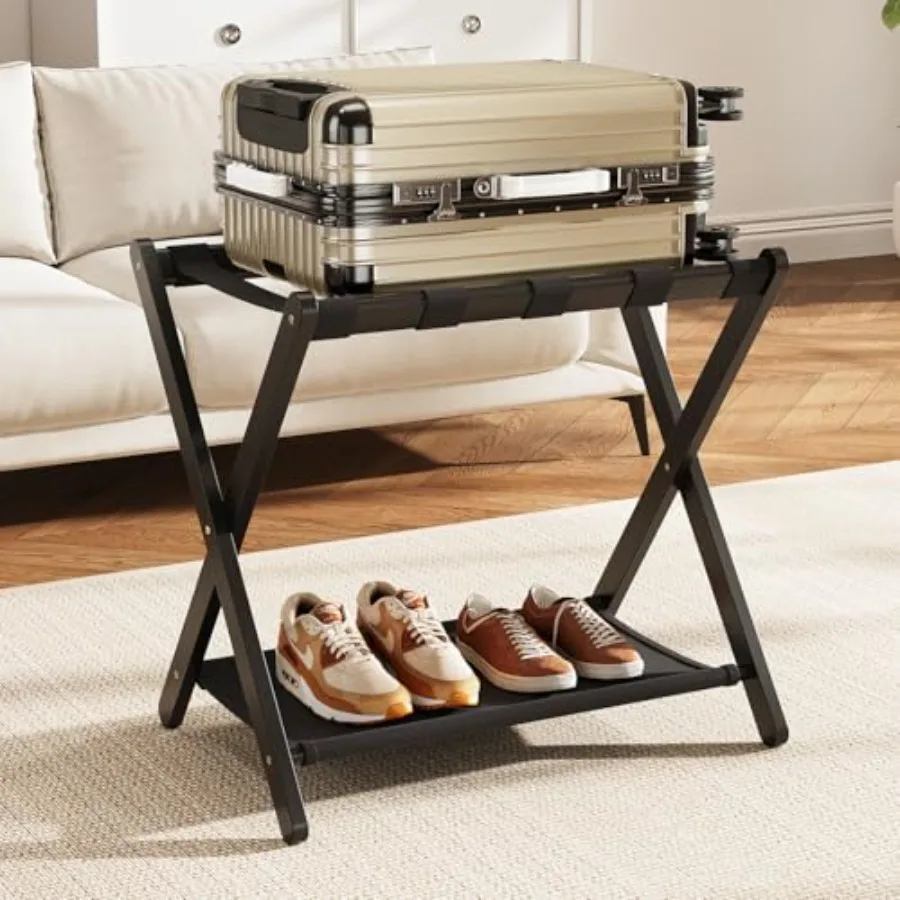 

Fully Assembled Black Luggage Rack for Guest Room Bamboo Folding Suitcase Stand with Fabric Storage Shelf 5 Nylon Straps Upgrad