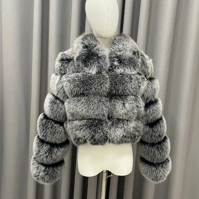 Winter Ladies Cropped Fur Coats Casual Fashion Square Neck Long Sleeves High Quality Real Fox Fur Jacket