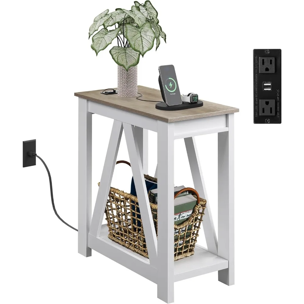 

Farmhouse End Table, Narrow Side Table with Charging Station, Slim End Table, Side Table for Bedroom, Living Room, Small S