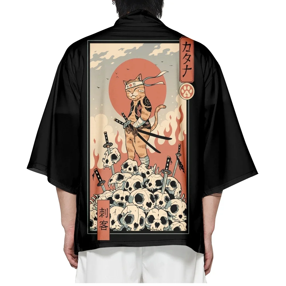 Japanese Cat Samurai Kimono 2023 Men Traditional Kimonos Anime Plus Size 5XL 6XL 4XL