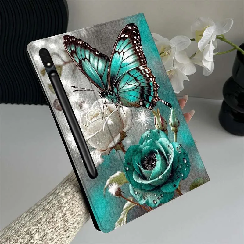

Blue Butterfly White Rose For Samsung Galaxy Tab S10 S9 S8 S7 Lite FE Plus Scratch resistant Pen Tray Tablet Case Gift