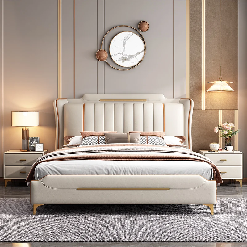 Backrest Luxury Double Bed Drawers Modern White Wooden Adults Twin Double Bed Bedroom Queen Frame Cama De Casal Home Furniture