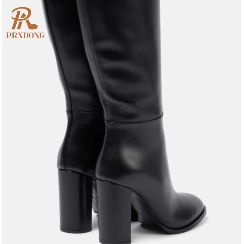 PRXDONG 2024 New Brand Classis Autumn WInter Shoes Chunky High Heels Black Dress Party Casual Lady Knee High Boots Size 34-43