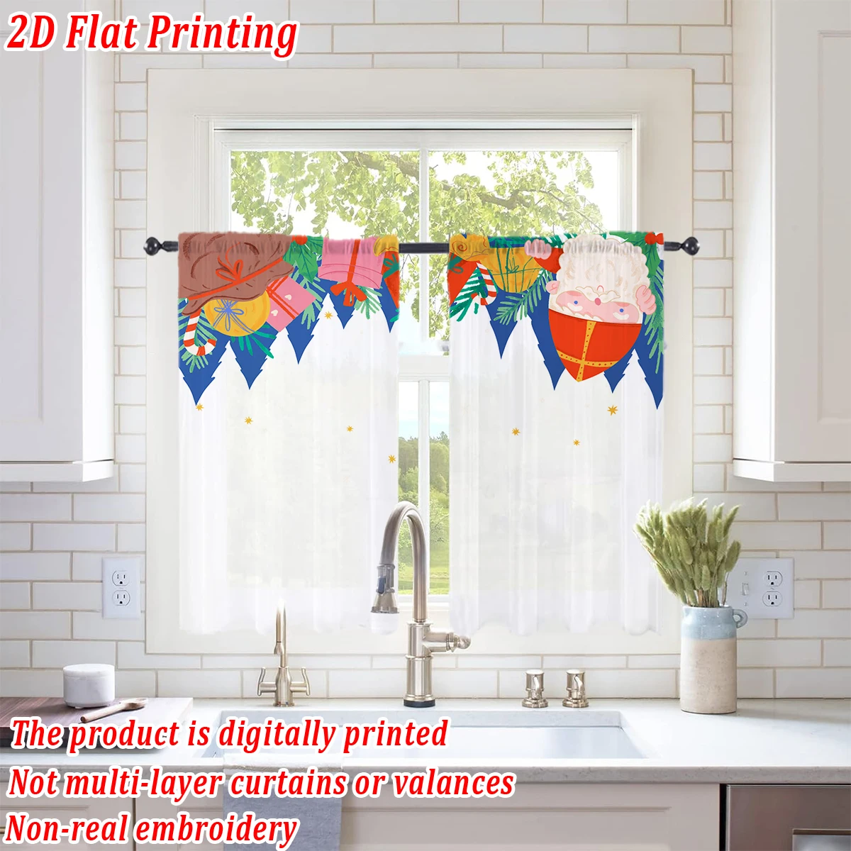 ستارة شفافة للمطبخ بطباعة مسطحة لعيد الميلاد مع صندوق هدايا لأشجار سانتا كلوز لعيد الميلاد وحفلات ديكور المنزل