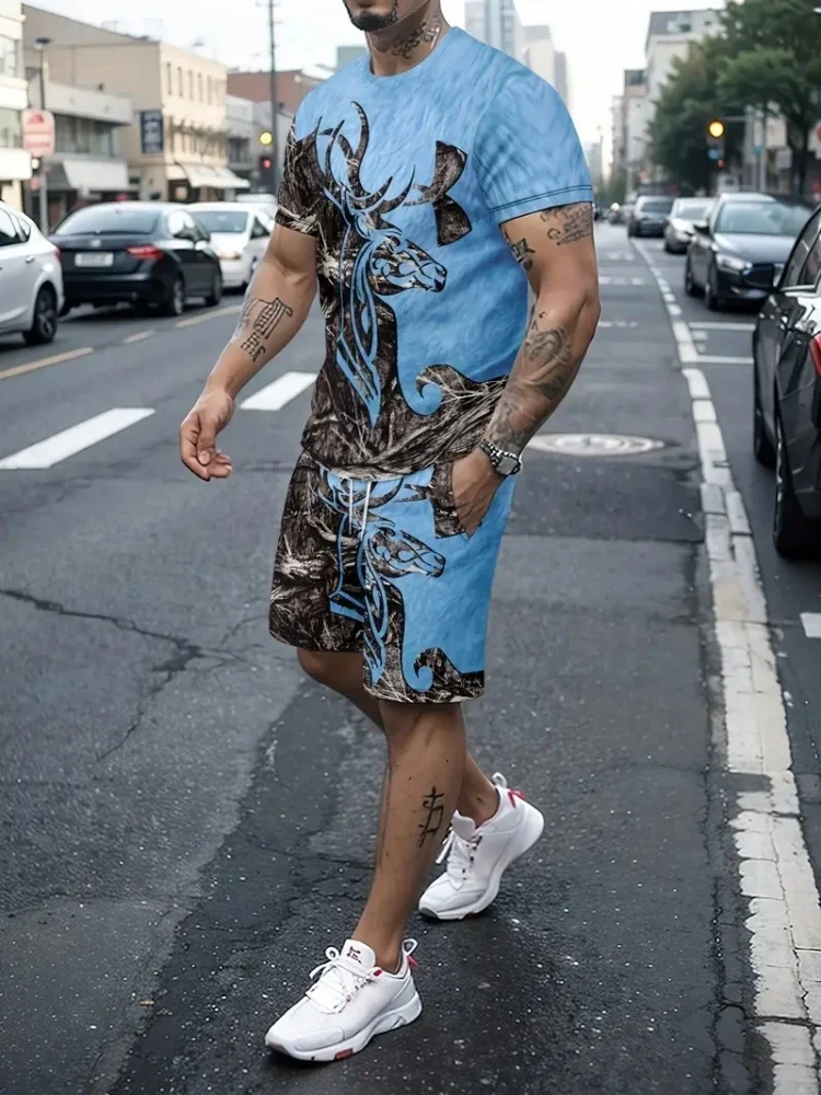 New European-style Men's Street Fashion Two-piece Suit Summer Comfort With All Unique Printed Men's Shorts Short-sleeved Suit