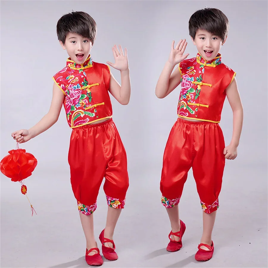 Boy Girl Chinese New Year Clothes Traditional Kids Folk Dance Red Costumes Stage Party Festival Oriental Hanfu Clothing
