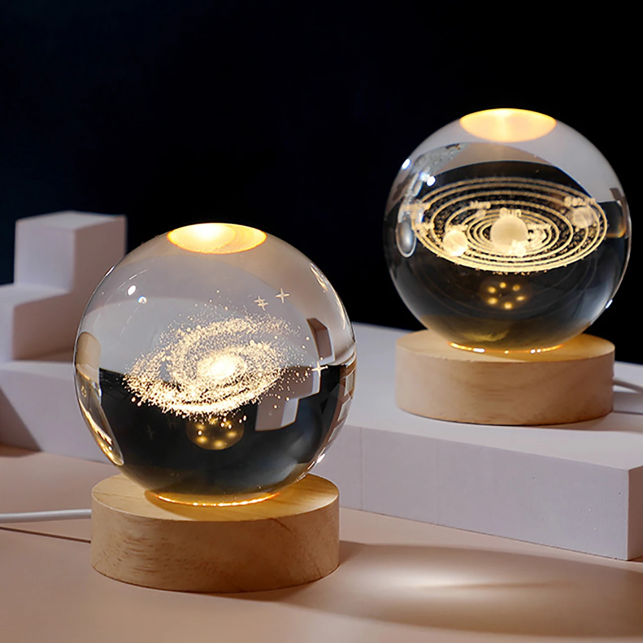 8cm Crystal Ball Night Lamp Universe Series Saturn Moon Crystal Ball Wood Base LED Light Bedroom Small Ornaments Birthday Gift