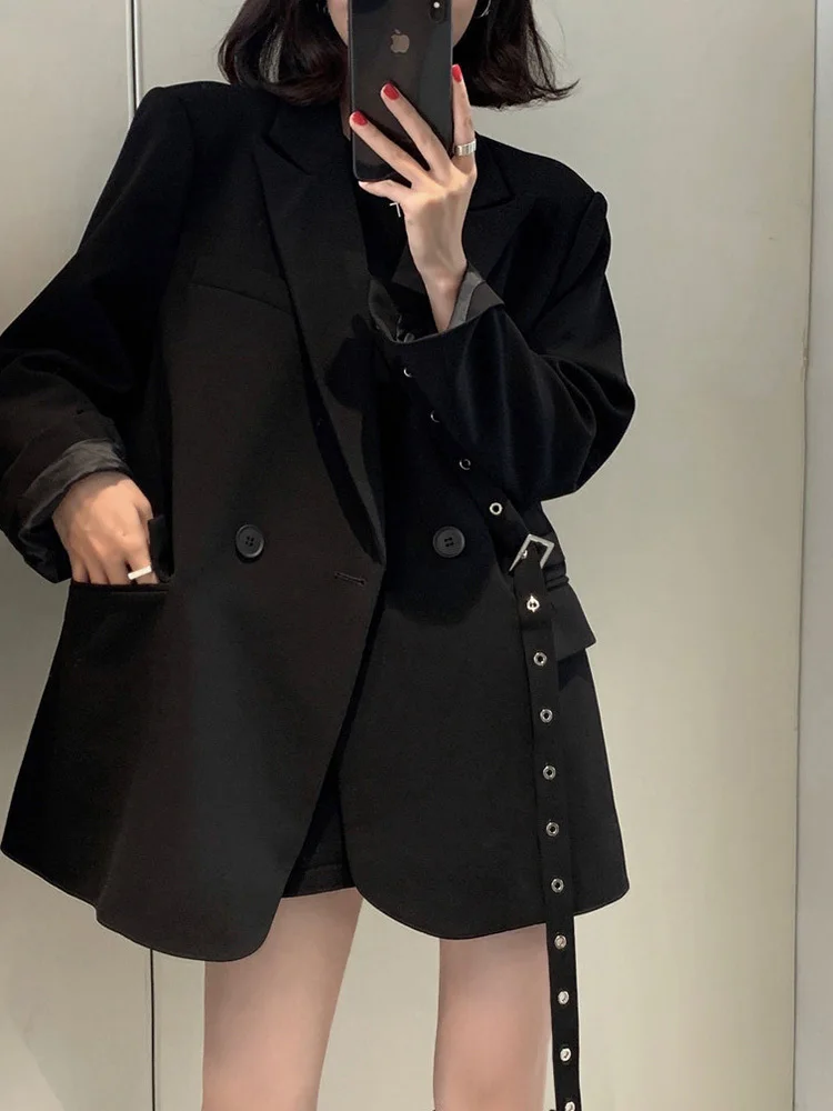 [oein] 2024 Autumn Korean Chic Suit Collar With Two Buttons And Tie Straps, Waist Cinching, Loose Long Sleeved Suit