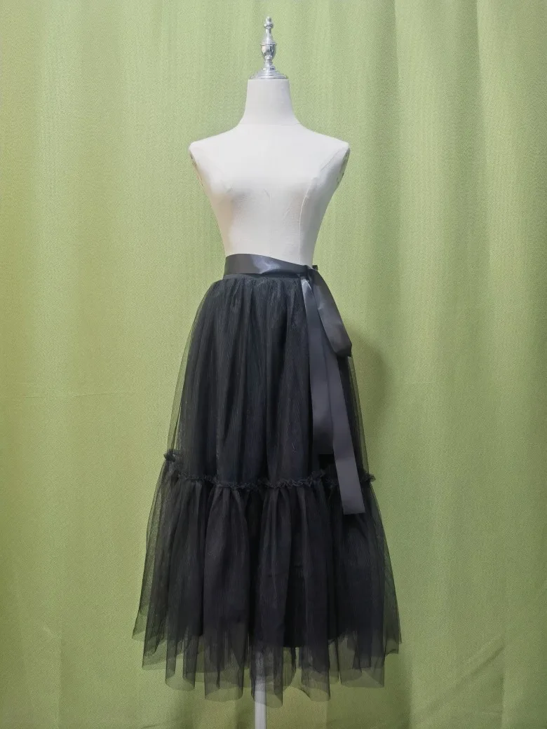 

Пышная черная тюлевая юбка-туту длиной до щиколотки с драпировкой для женщин, летняя, в стиле High Street, подъюбник