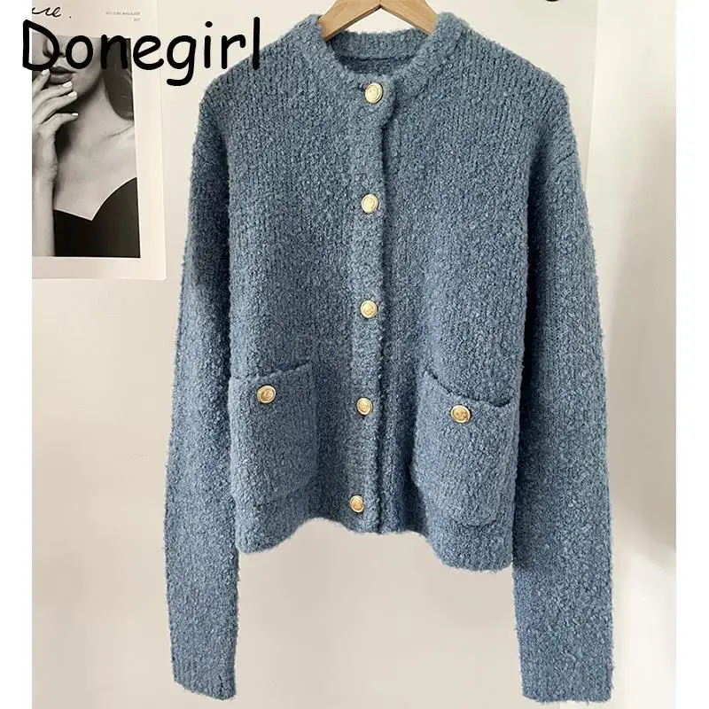 

Donegirl Autumn Winter New 2023 Women Blue Knitted Single-breasted Sweater Coat Simple Elegant Versatile Cardigans Tops Female