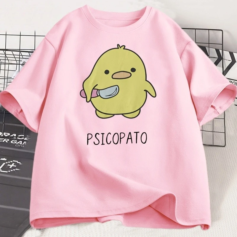 تي شيرت Psicopato للرجال والنساء على شكل بطة لطيفة مع سكين تي شيرت كاجوال بأكمام قصيرة من القطن مطبوع برقبة دائرية تي شيرت فضفاض ملابس الشارع
