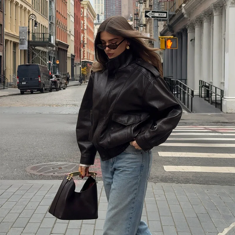 

Женская изысканная крутая кожаная куртка в стиле ретро для девочек, осеннее классическое короткое пальто с воротником-стойкой, женская модная офисная уличная одежда