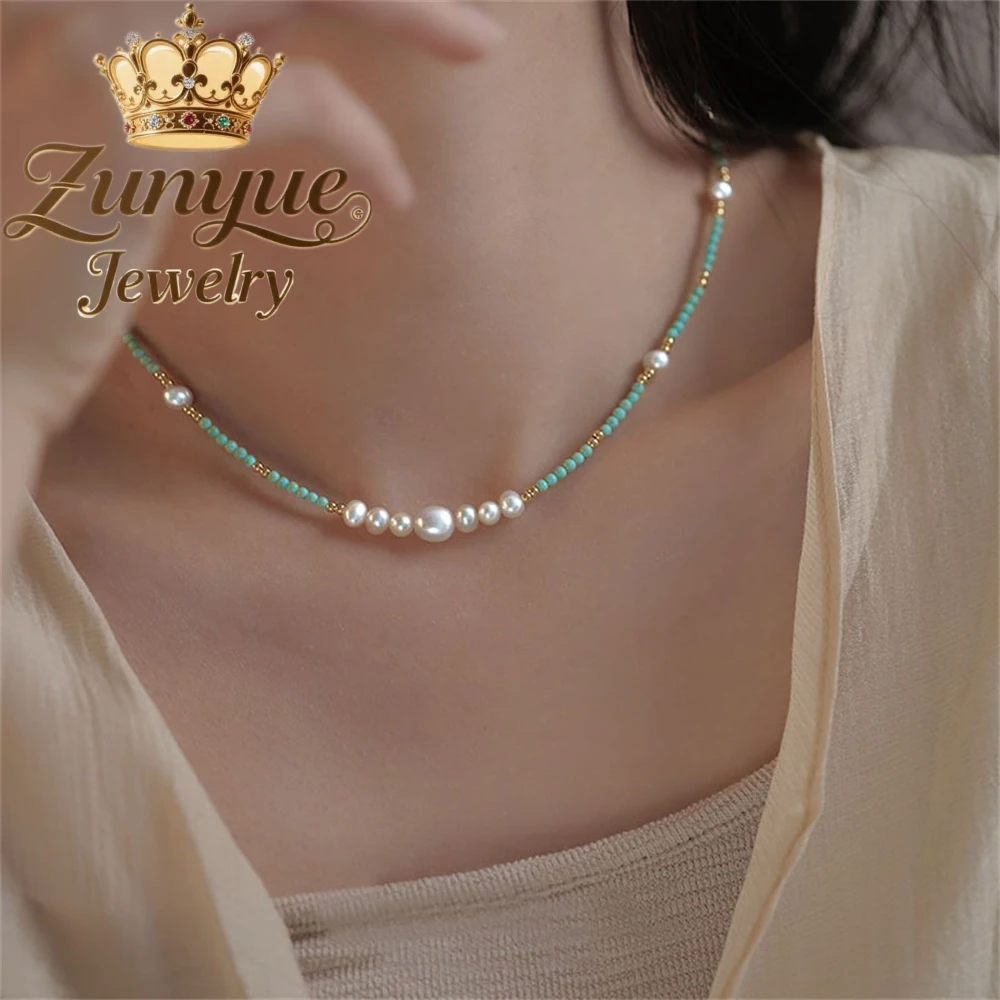 

Natural Freshwater Pearl Turquoise Beaded Necklace High-End Niche Collarbone Necklace Accessory Charms Elegant Exquisite Popular