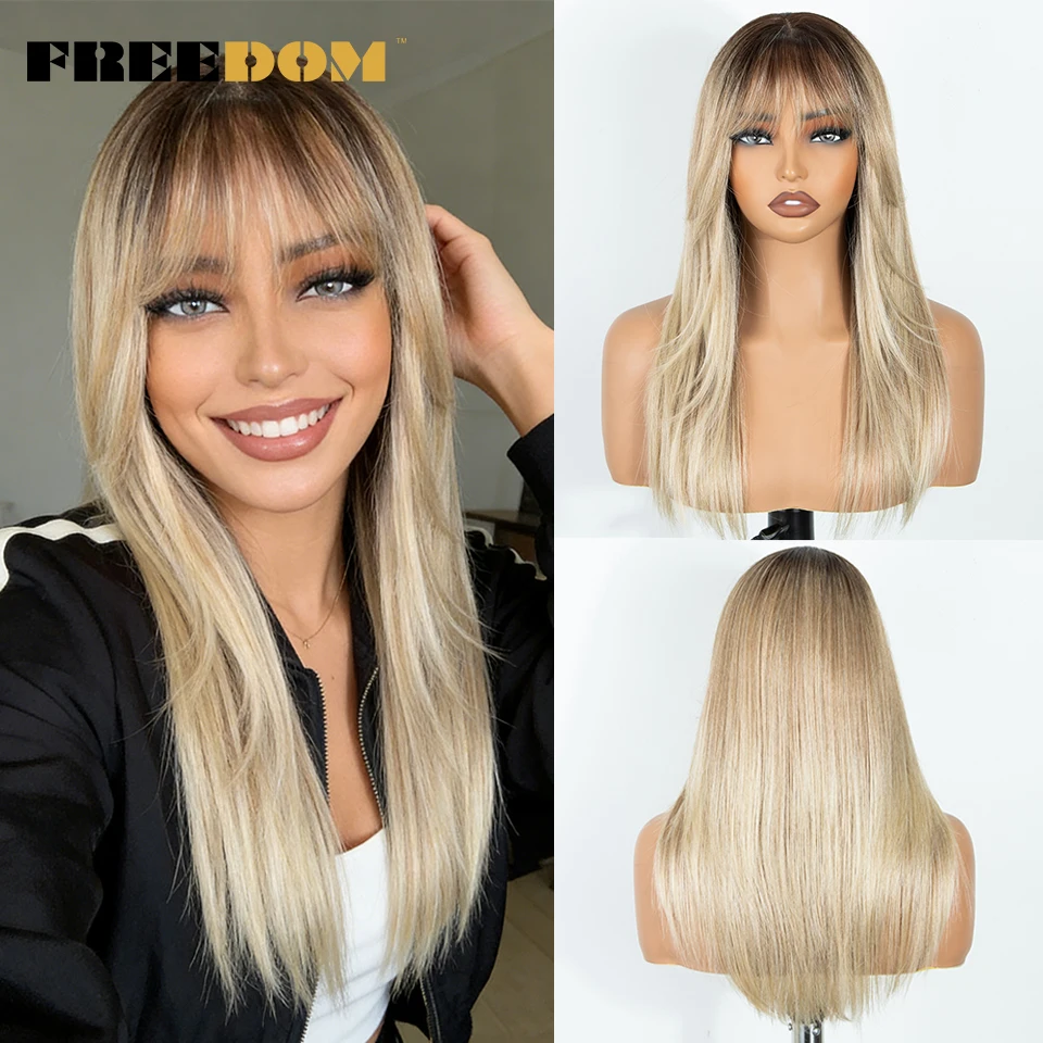 

FREEDOM Straight Layered Synthetic Lace Front Wig With Bangs 20 Inch Ombre Brown Blonde Wigs Pre-cut Lace Wig Pink Cosplay Wigs
