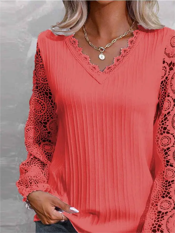 Plus Size Women Long Sleeve V-neck Solid Lace Tops