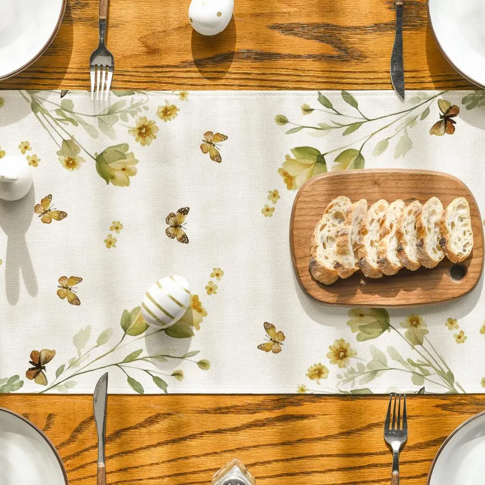 Easter Bunny Eggs Butterfly Floral Linen Table Runner Holiday Party Decor Spring Kitchen Dining Table Runner Easter Decorations