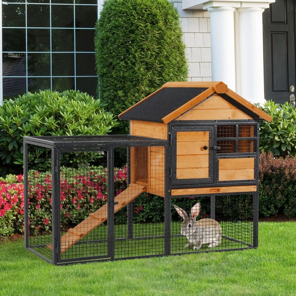 

2-Level Rabbit Hutch Bunny House with Weatherproof Hinged Asphalt Roof, Removable Tray and Ramp for OutdoorEASY TO CLEAN