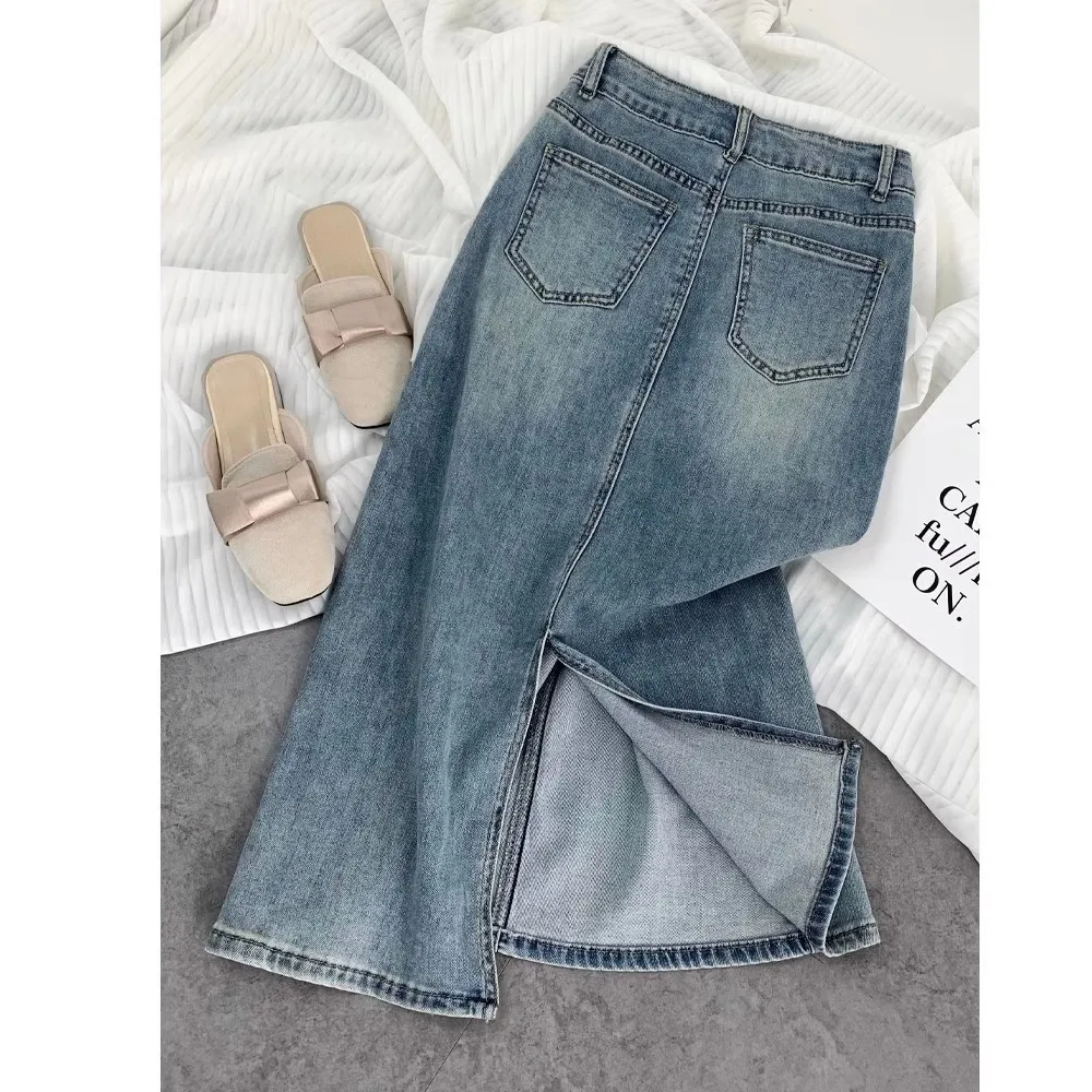 Split High Waisted Denim Skirt Versatile Mid Length Jeans Skirt Women 2024 Autumn Light Color Fashionable Double Pocket Skirt