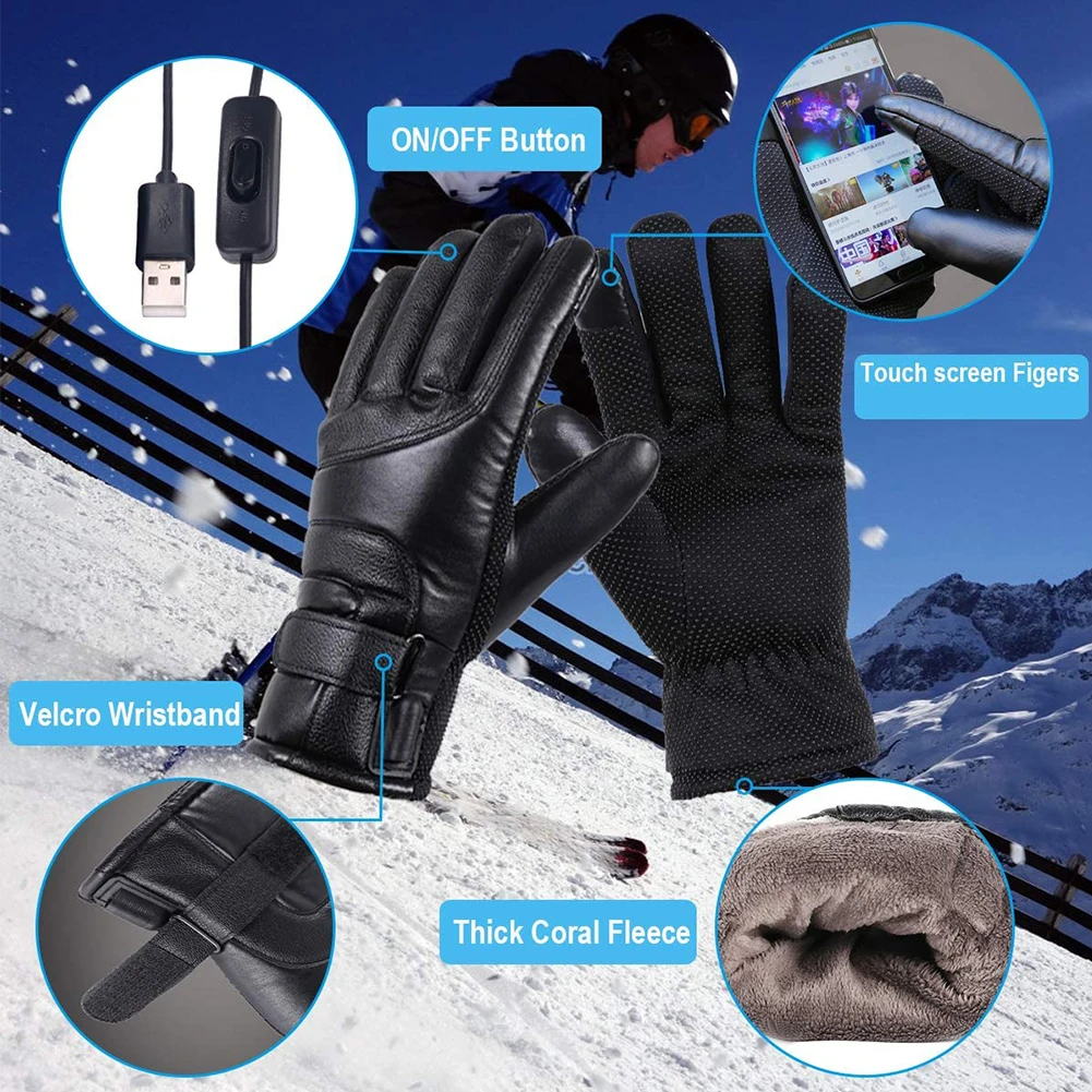 Guanti riscaldanti elettrici USB in pelle con touchscreen Guanto riscaldato termico impermeabile Scaldamani morbido per ciclismo all'aperto