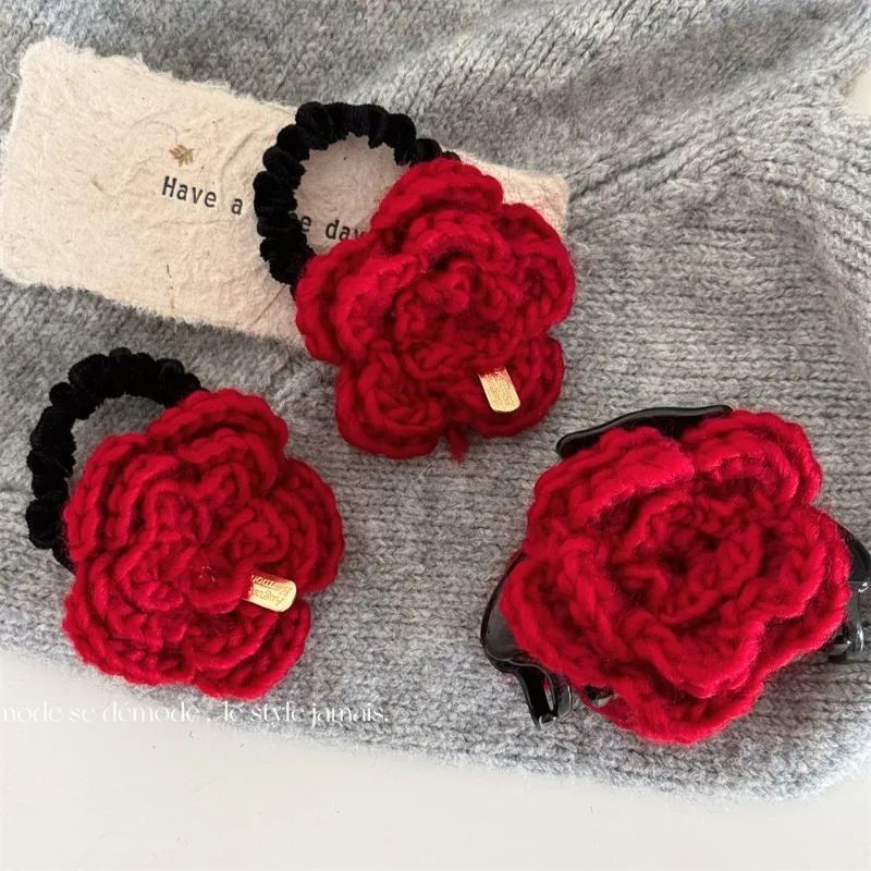 Vintage Red Woolen Handmade Knitting Rose Flowers Hairrope Headwear Autumn Winter Sweet Plush Hairclip Female Hair Accessories