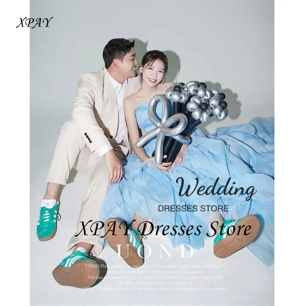 XPAY Fairy Light Blue Korea Wedding Dresses Photo Shoot Strapless A-line Evening Dresses Custom Made Soft Tulle Bridal Gown