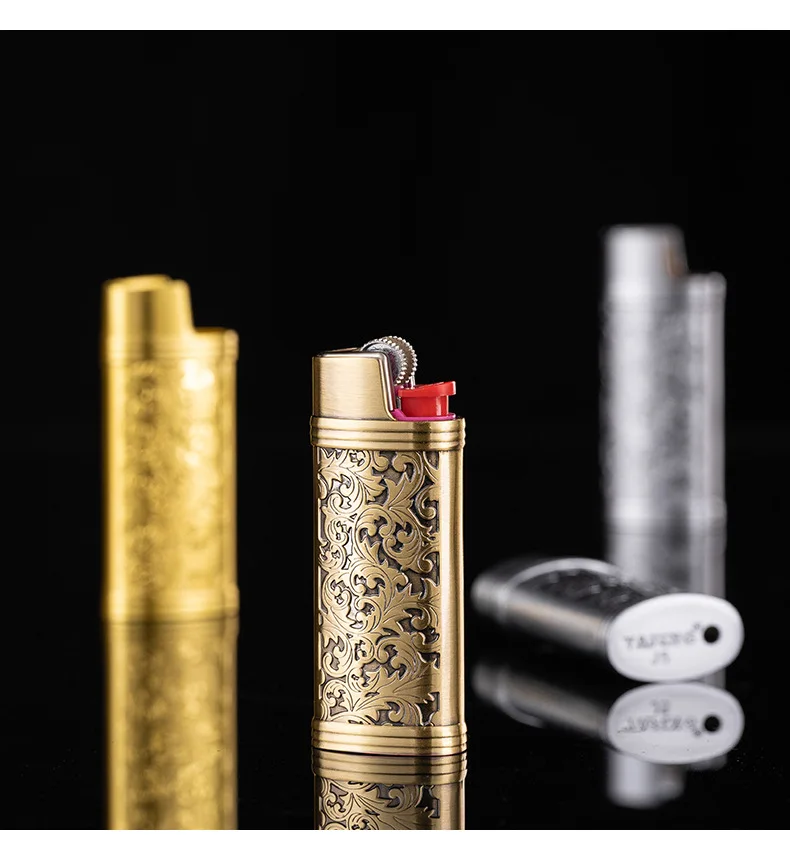 Vintage Arabesque Bic J5 Lighter Case Metal Armor 60mm BIC Lighters Cover Metal Case Plastic Lighter Protection Case