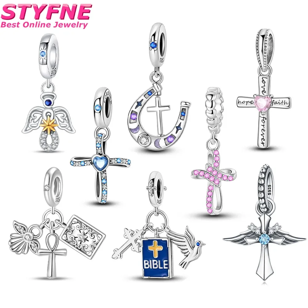 Mysterious 925 Sterling Silver Lucky Religion Pink Cross Beads Charms Bracelets Dangle Pendants Fine Jewelry for Women Girls