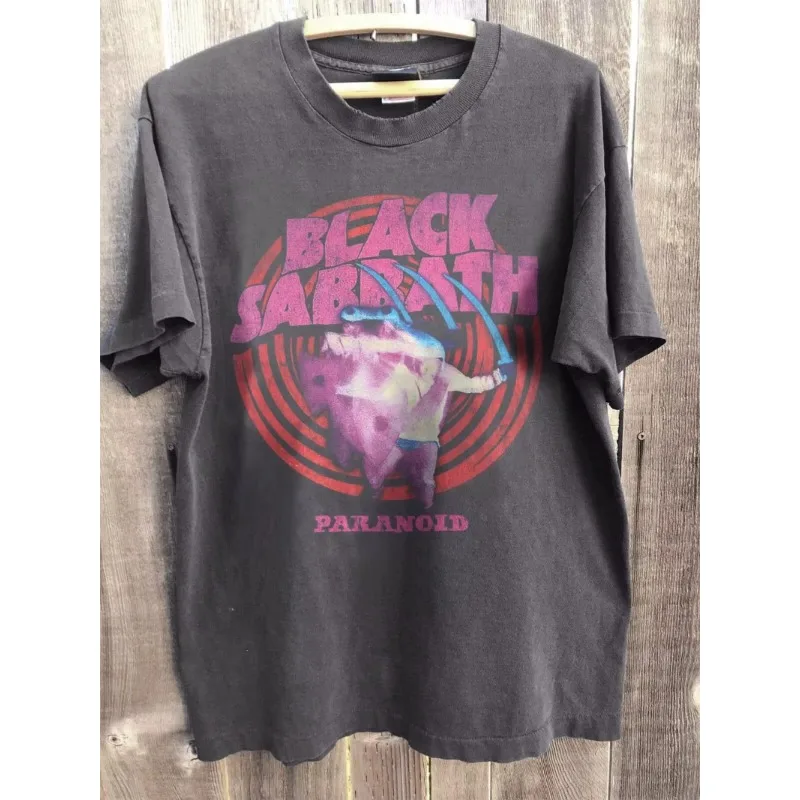 Neutrales, atmungsaktives Baumwoll-T-Shirt für Herren, Rundhalsausschnitt, Streetwear, Oversize, kurzärmelig, Herren-Sommer-Retro-T-Shirt in Schwarz, Sabbath-T-Shirt – Detail 3