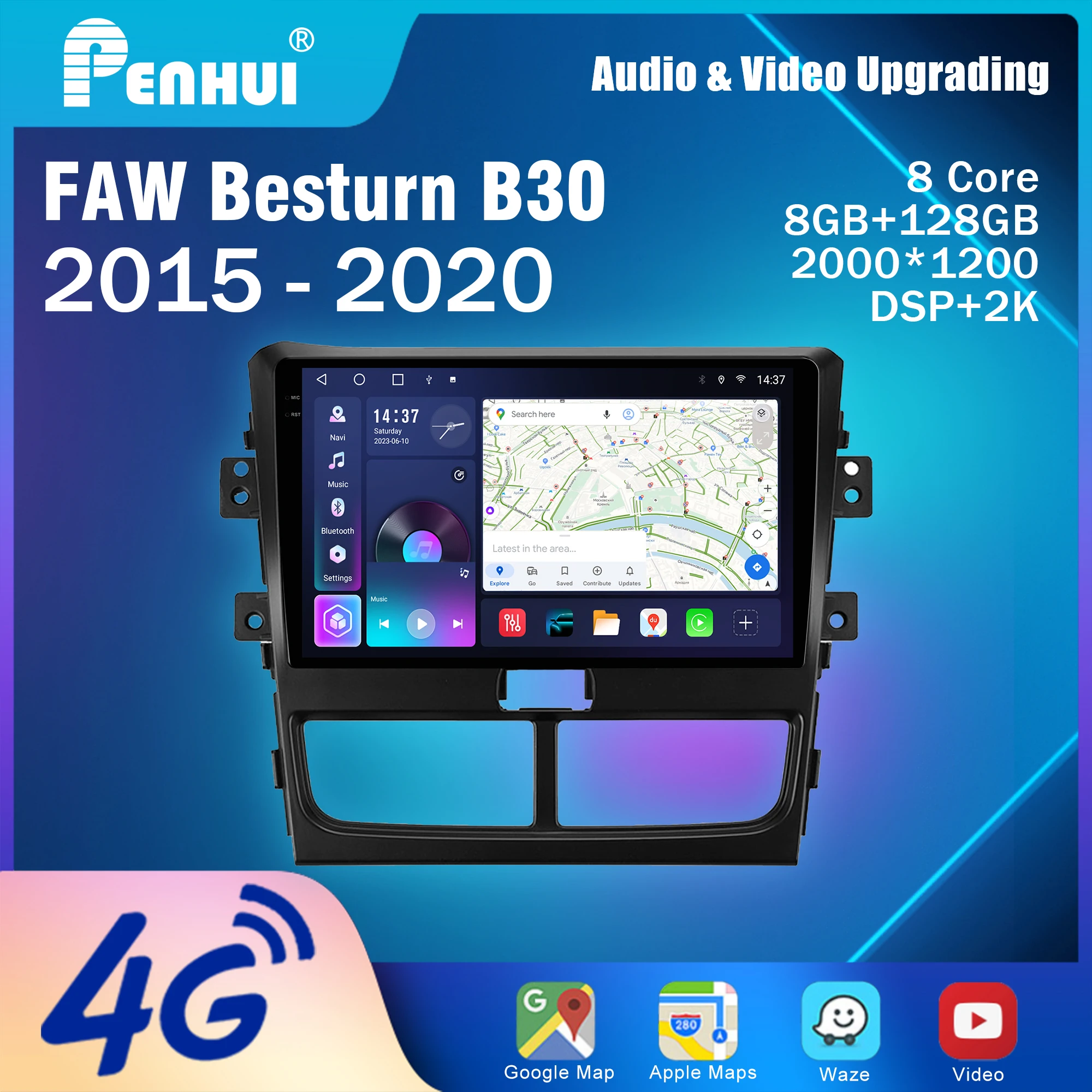 Reproductor de DVD para Auto Android Penhui 2 Din para FAW Besturn B30 2015-2020, Pantalla Multimedia con DSP, Bluetooth, Audio y CarPlay
