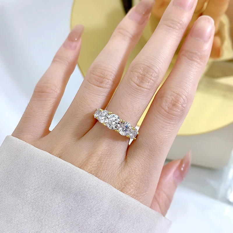 OXTAO Funkelnder 5-Steine-Moissanit-Diamantring für Damen, 14 Karat Gold gefüllt, Ehering, Fingerringe, Schmuck, Paar, zertifiziert – Detail 12