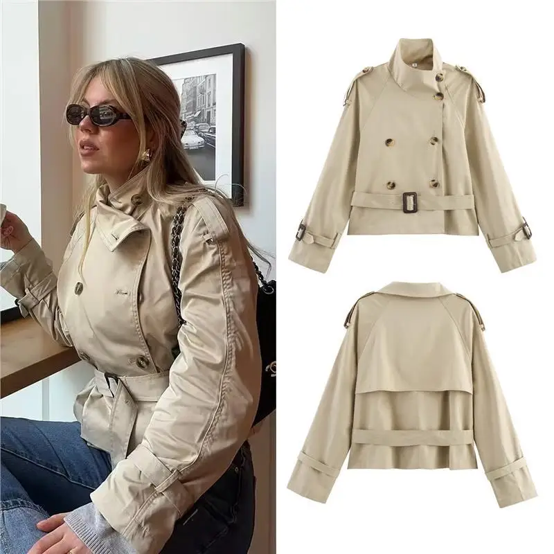 

ort Women's Windbreaker Coat 2025 Autumn Season Long Sve Pure Color PU Material Flip Collar with Belt Bule Decoration