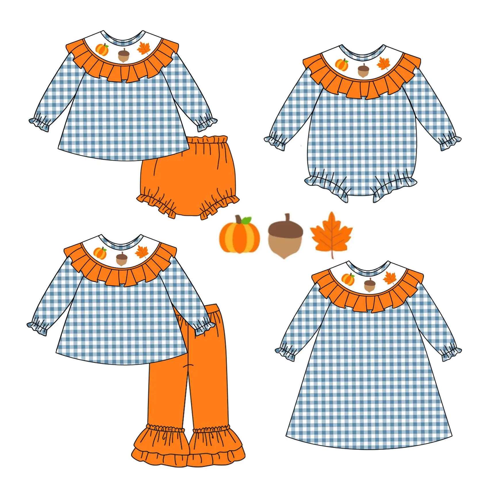 Children's Festival Clothing Collection Thanksgiving Clothing Girls Autumn New Pumpkin Maple Leaf Elements Blue Plaid Clothing