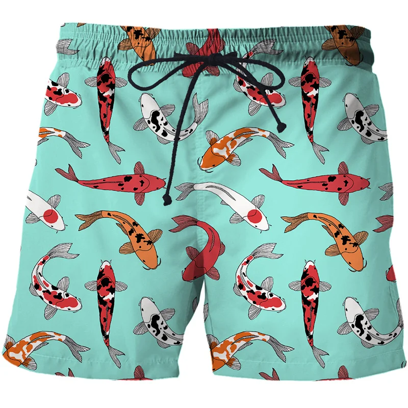 Cartoon Art 3D Koi Carp Print Beach Shorts For Men Summer Swim Trunks Board Shorts Swimsuit Street Sports Running Short Pants