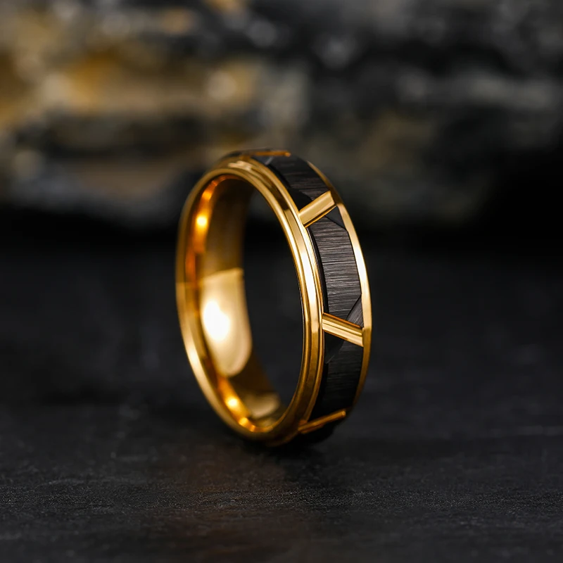 Tigrade-anillos de tungsteno para hombre, patrón de borde biselado de ranura, Color dorado y Negro cepillado, bandas de boda, anillo de compromiso,