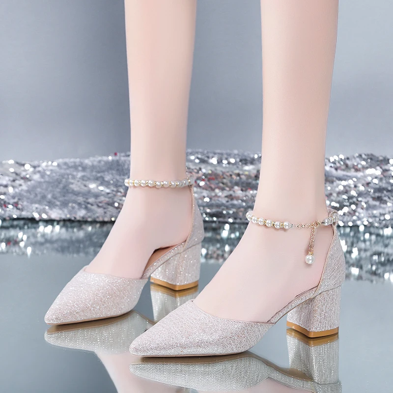 Perle francesi piccole tacchi alti donna 2022 nuove estati tacchi a spillo sandali temperamento scarpe da sposa fibbia scarpe a punta