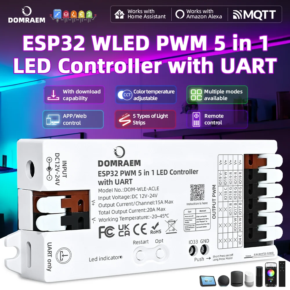 DOMRAEM ESP32 PWM 5-in-1 WLED WiFi LED-Streifen-Controller, UART Firmware-Download per Knopfdruck, Dimmung für CCT, RGB, RGBW, RGBCCT, DC12-24V 20A, Kompatibel mit Alexa & Google Home Assistant