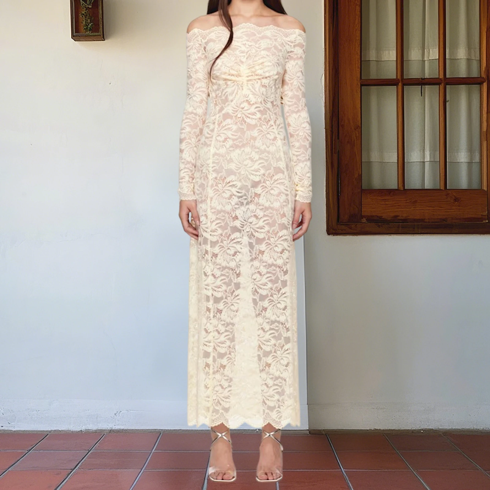 New Fashion Women Autumn Sheer Lace Dress Long Sleeve Off Shoulder Strapless Cocktail Party Dress Hot Sale S M L