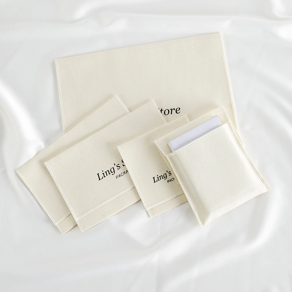 

100Pcs Personalized Logo Beige Cotton Jewelry Envelope Bag Canvas Gift Packaging Wedding Favors Rings Earrings Bracelet Cosmetic