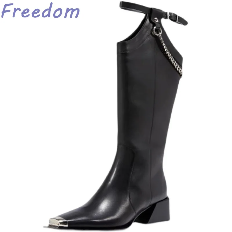 Autumn and winter new fashion leg metal toe versatile high-heeled British handsome knight boots chunky chain boots female